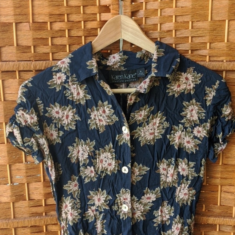 Vintage blue button up dress with sunflower detail